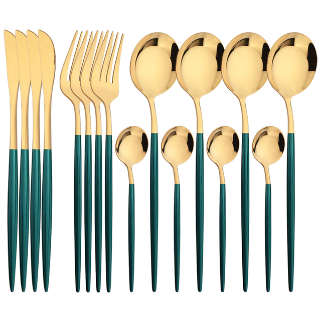 Gold Plated Cutlery - 16Pcs 그린 골드 식기류 스테인레스 스틸