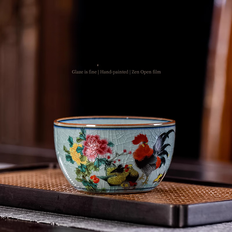 Handmade Ceramic Mug - 100ml/160ml 대용량 중국어 레트로 수탉 패턴
