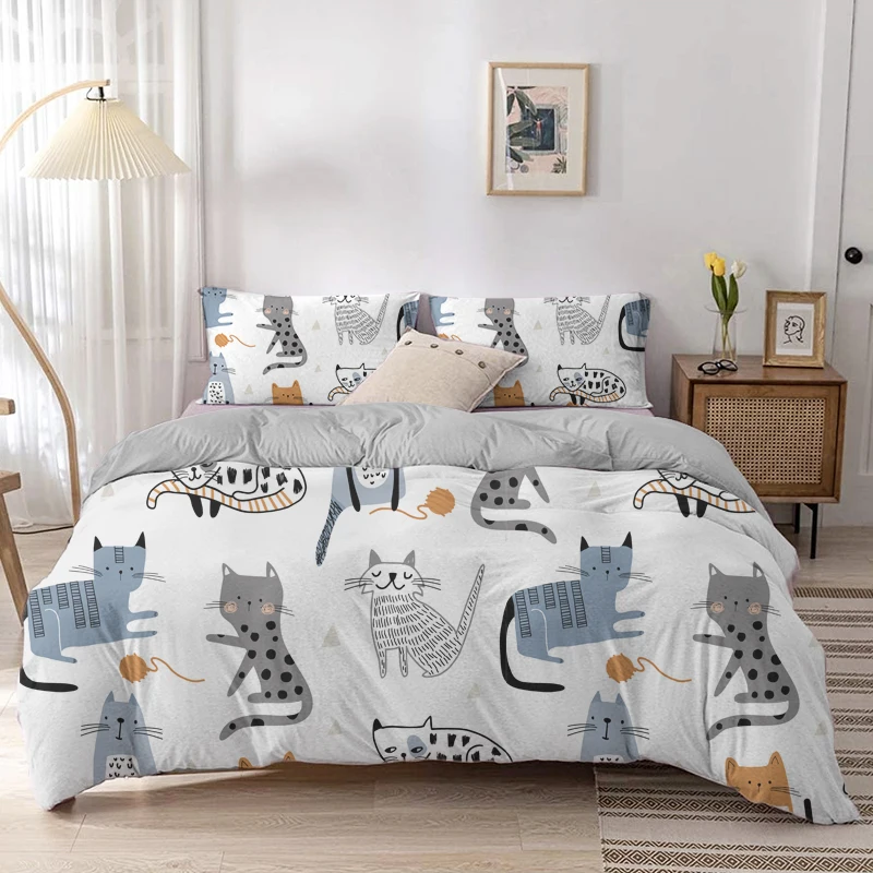 만화 고양이 이불 커버 세트, 만화 동물 프린트 침구  - Linen Duvet Cover 리뷰 및 가격