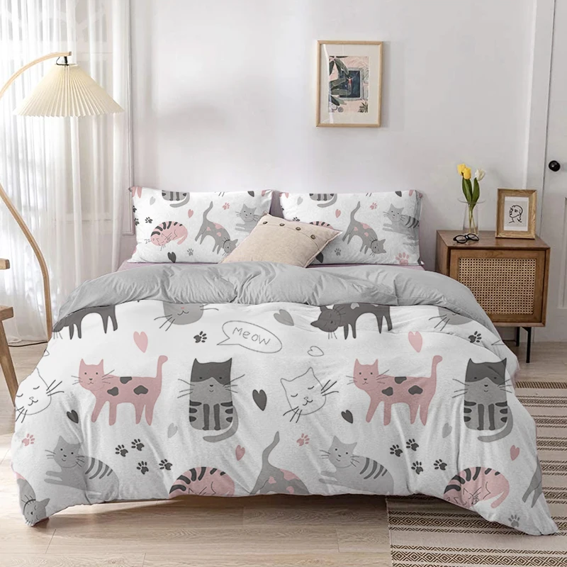 만화 고양이 이불 커버 세트, 만화 동물 프린트 침구  - Linen Duvet Cover 리뷰 및 가격