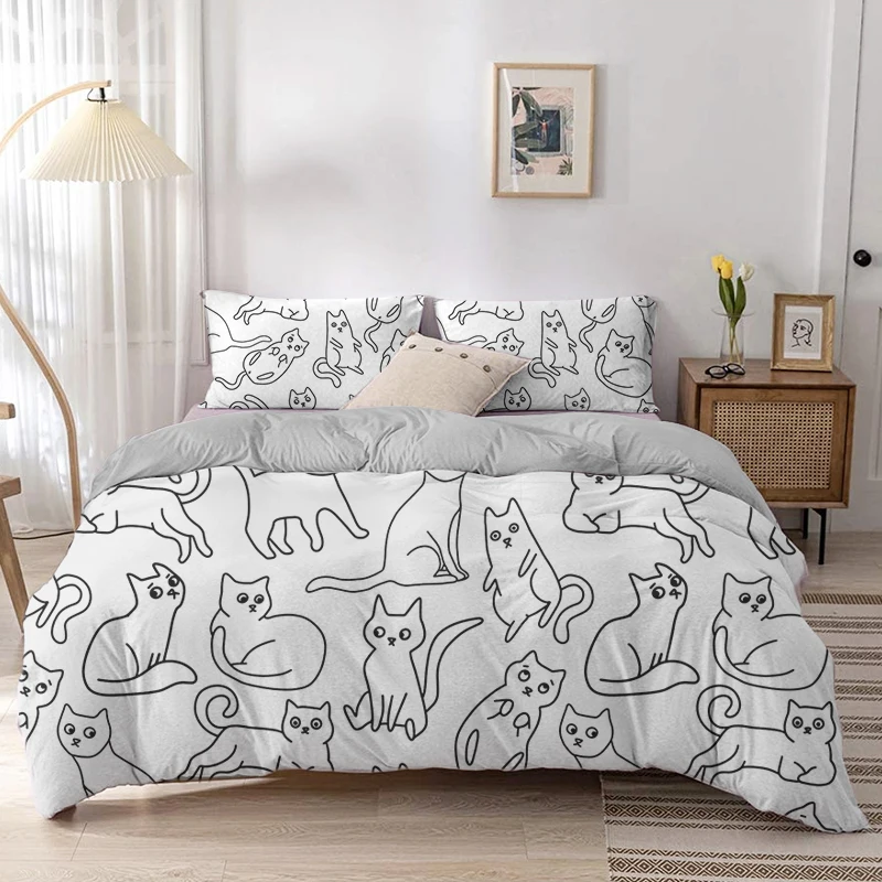만화 고양이 이불 커버 세트, 만화 동물 프린트 침구  - Linen Duvet Cover 리뷰 및 가격