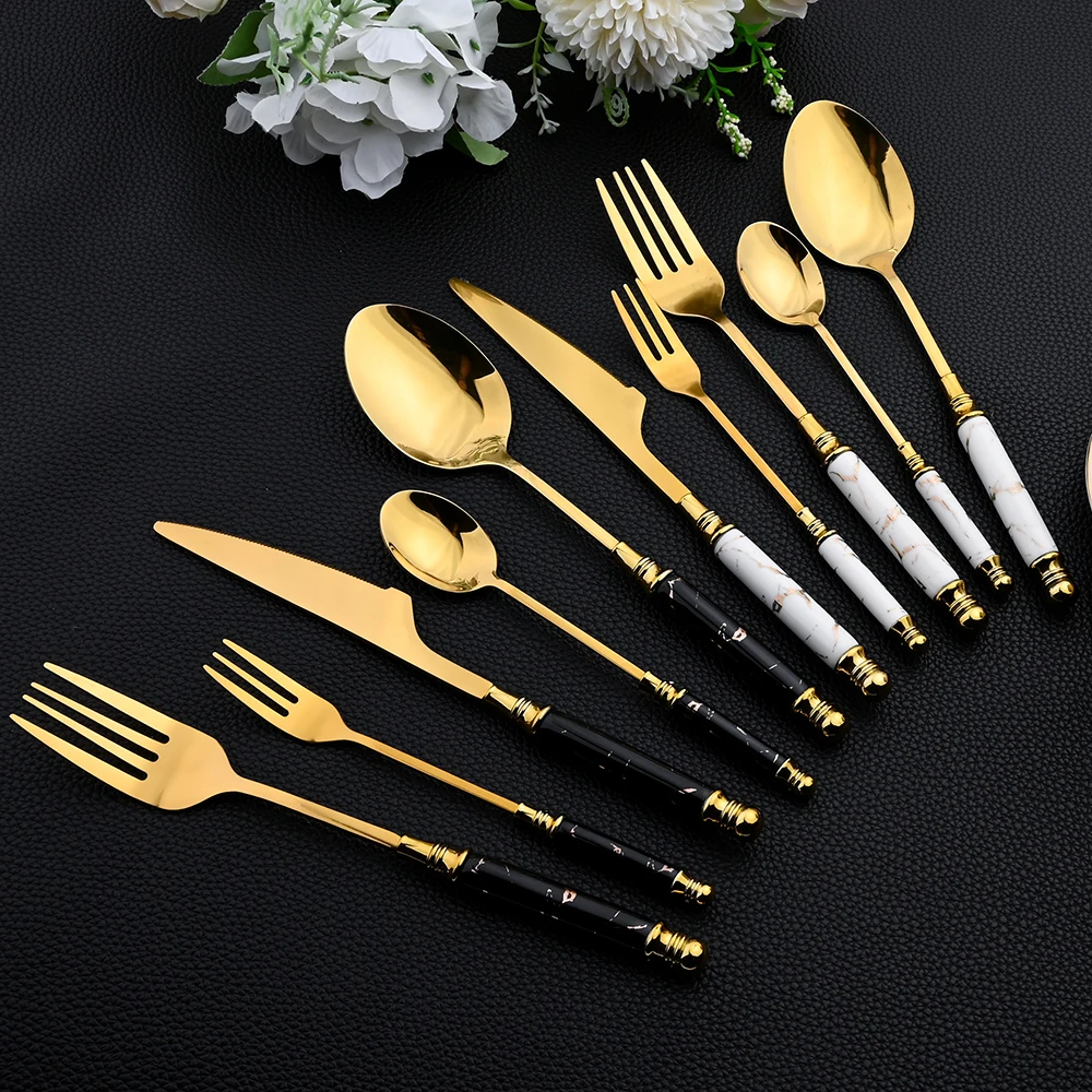 16Pcs 식기 세트 칼 붙이 세트 거울 세라믹 손잡이 - Gold Plated Cutlery 리뷰 및 가격