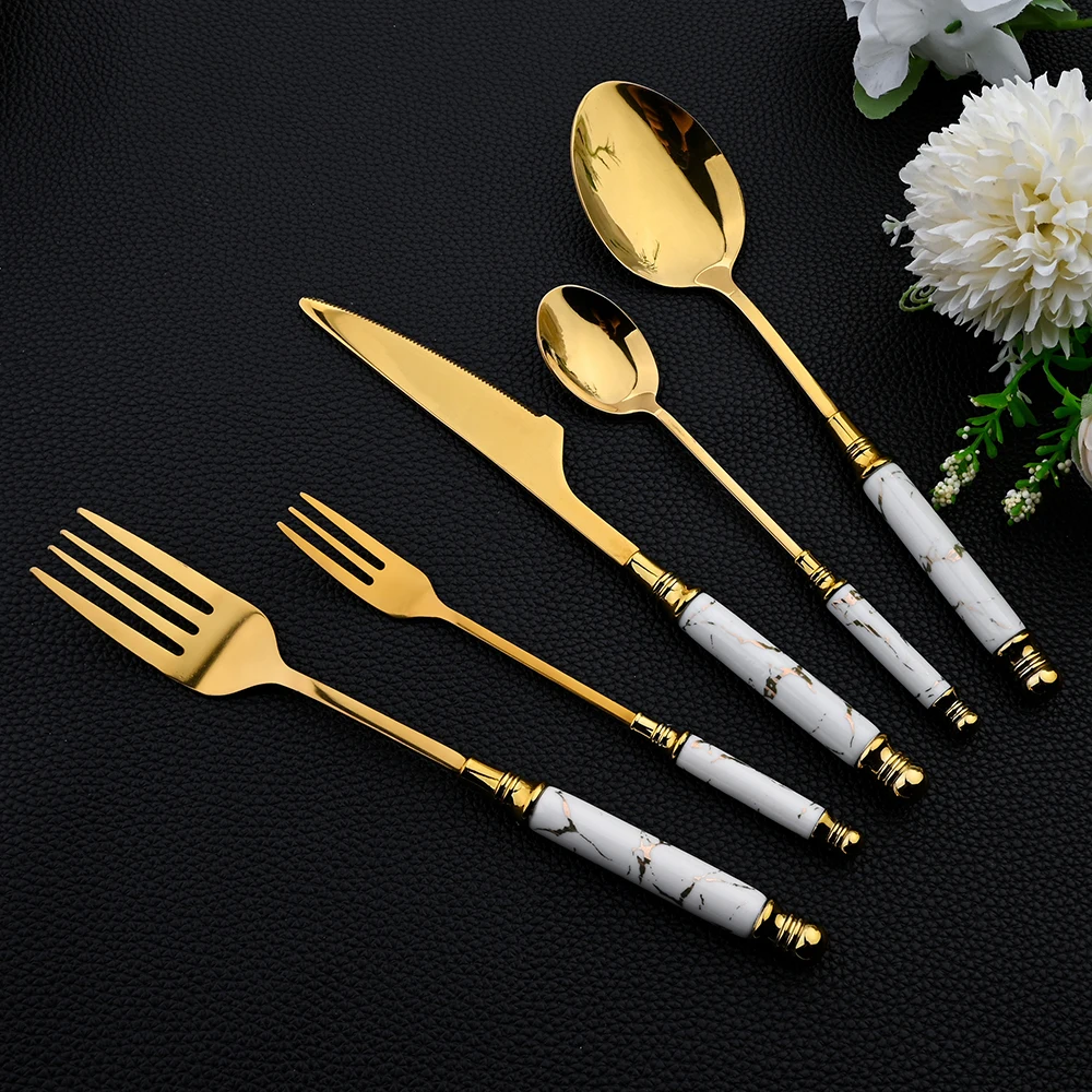 16Pcs 식기 세트 칼 붙이 세트 거울 세라믹 손잡이 - Gold Plated Cutlery 리뷰 및 가격